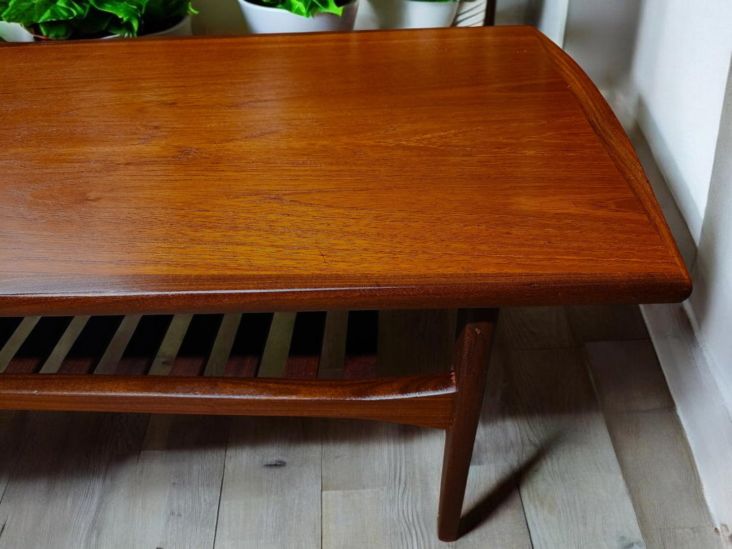 REFINISHED Mid Century Modern Teak Coffee Table w Slatted Shelf by Punch