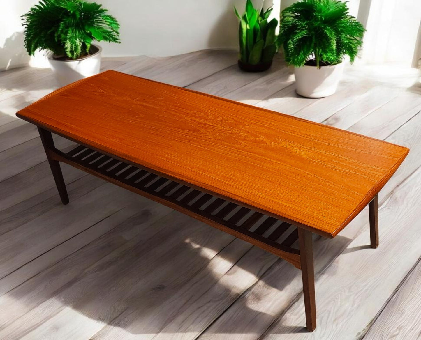 REFINISHED Mid Century Modern Teak Coffee Table w Slatted Shelf by Punch