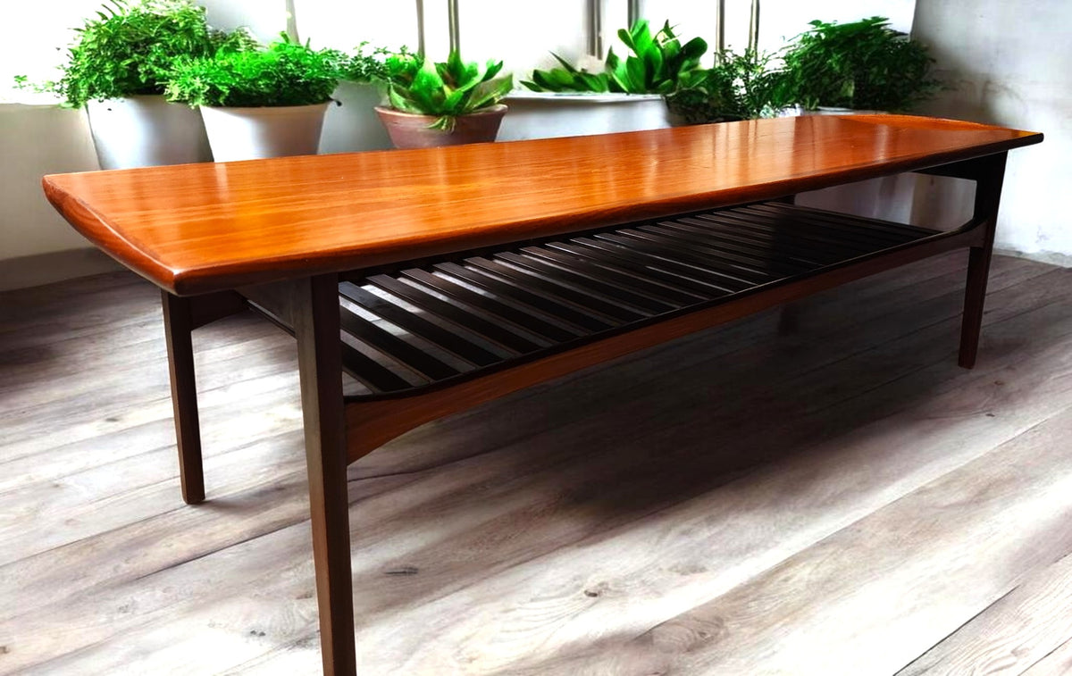 REFINISHED Mid Century Modern Teak Coffee Table w Shelf by Punch 59.5