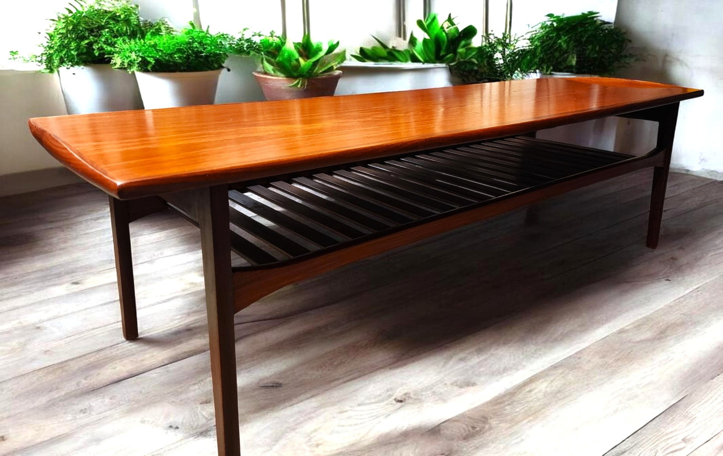 REFINISHED Mid Century Modern Teak Coffee Table w Slatted Shelf by Punch