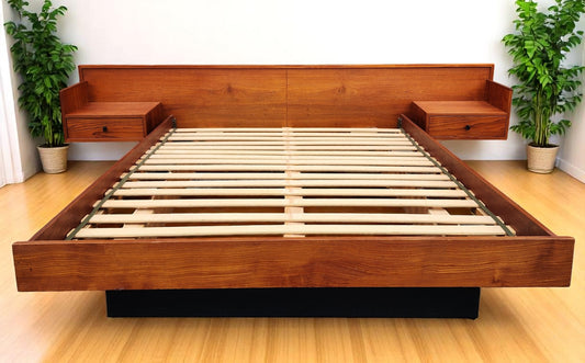 REFINISHED Mid Century Modern Teak Queen Bed w Nightstands Floating Style