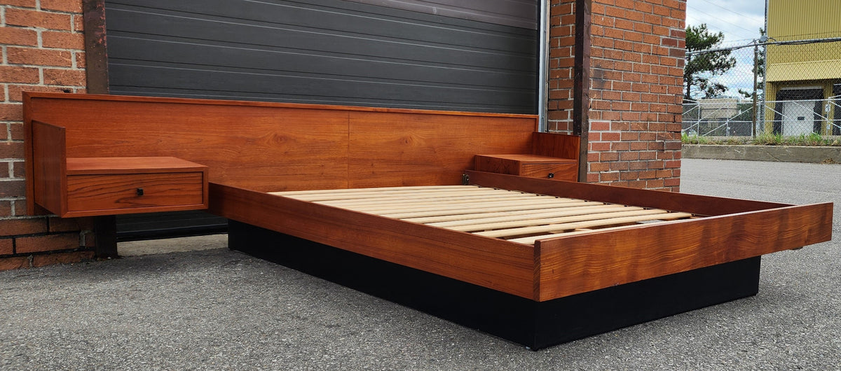 REFINISHED Mid Century Modern Teak Queen Bed w Nightstands Floating Style