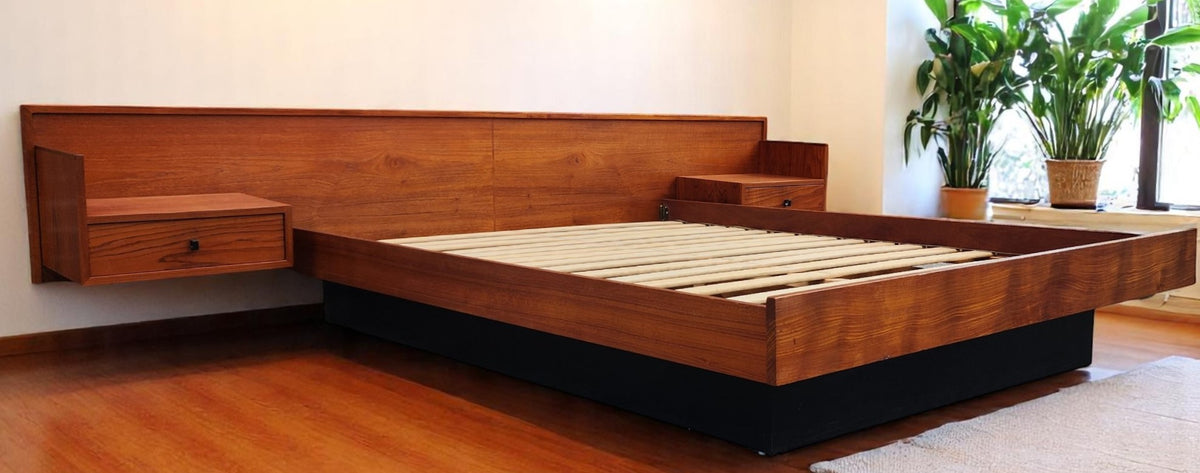 REFINISHED Mid Century Modern Teak Queen Bed w Nightstands Floating Style