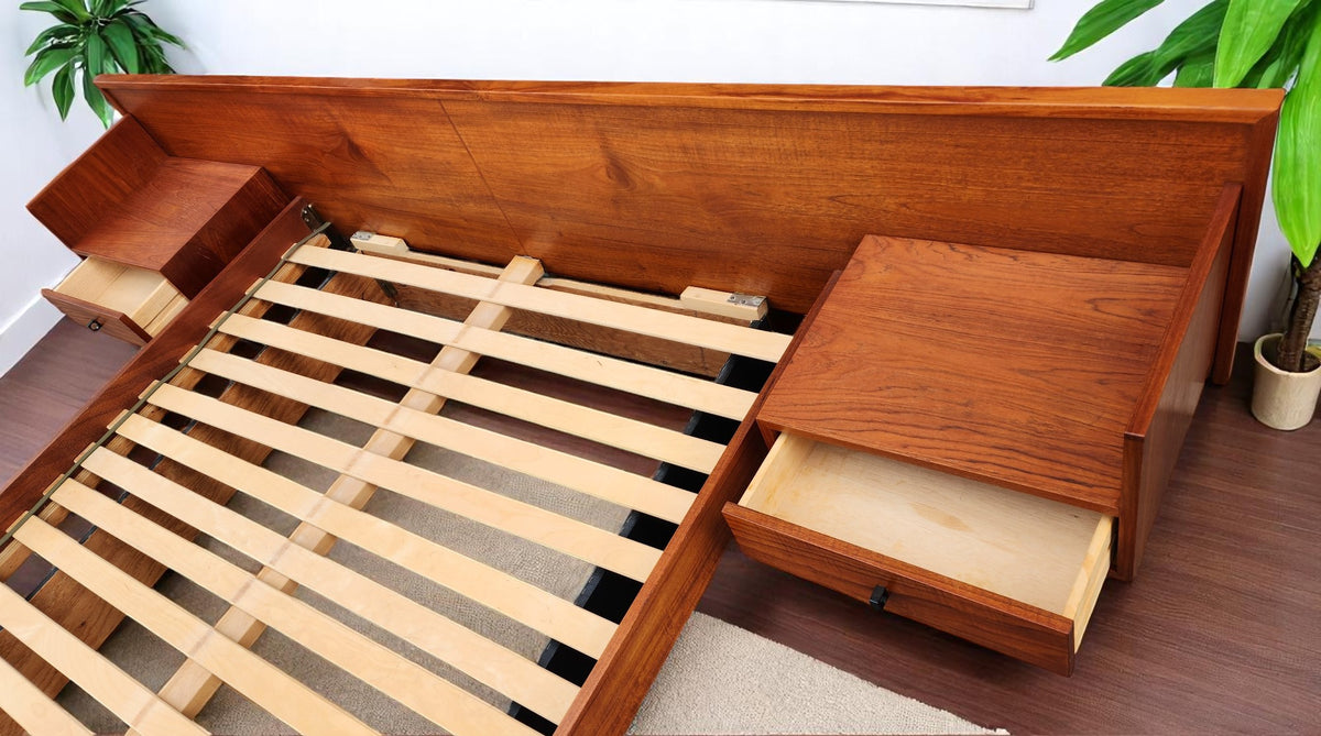 REFINISHED Mid Century Modern Teak Queen Bed w Nightstands Floating Style