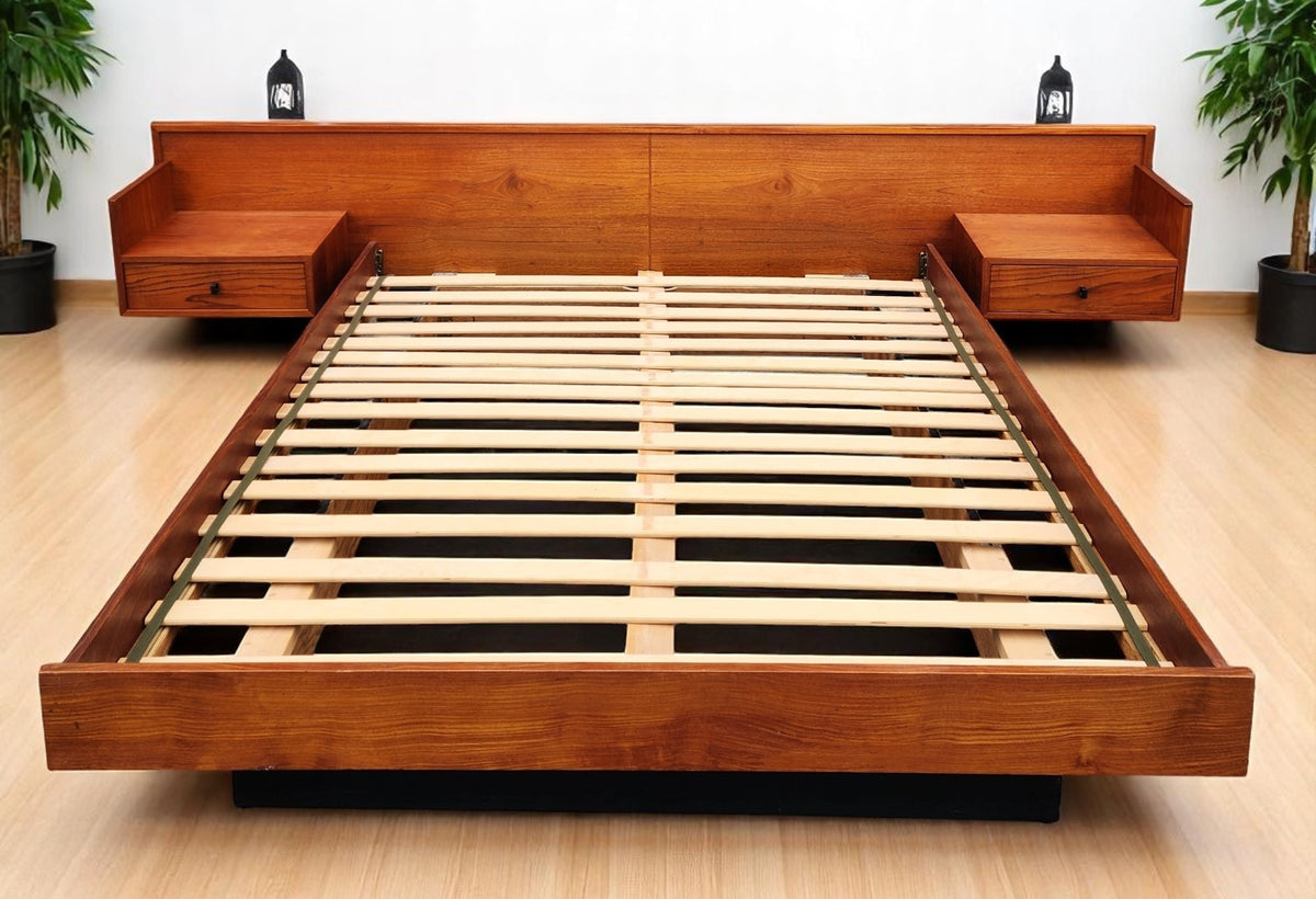 REFINISHED Mid Century Modern Teak Queen Bed w Nightstands Floating Style