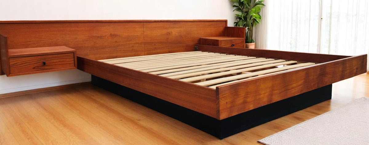 REFINISHED Mid Century Modern Teak Queen Bed w Nightstands Floating Style