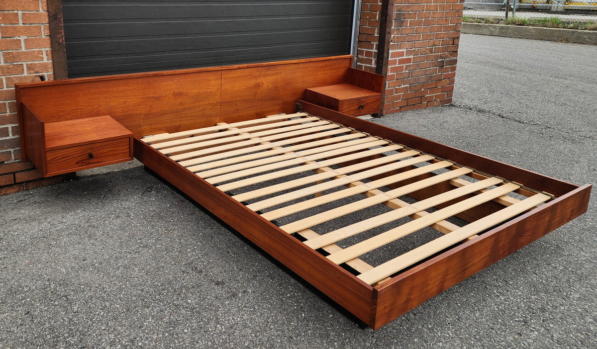 REFINISHED Mid Century Modern Teak Queen Bed w Nightstands Floating Style
