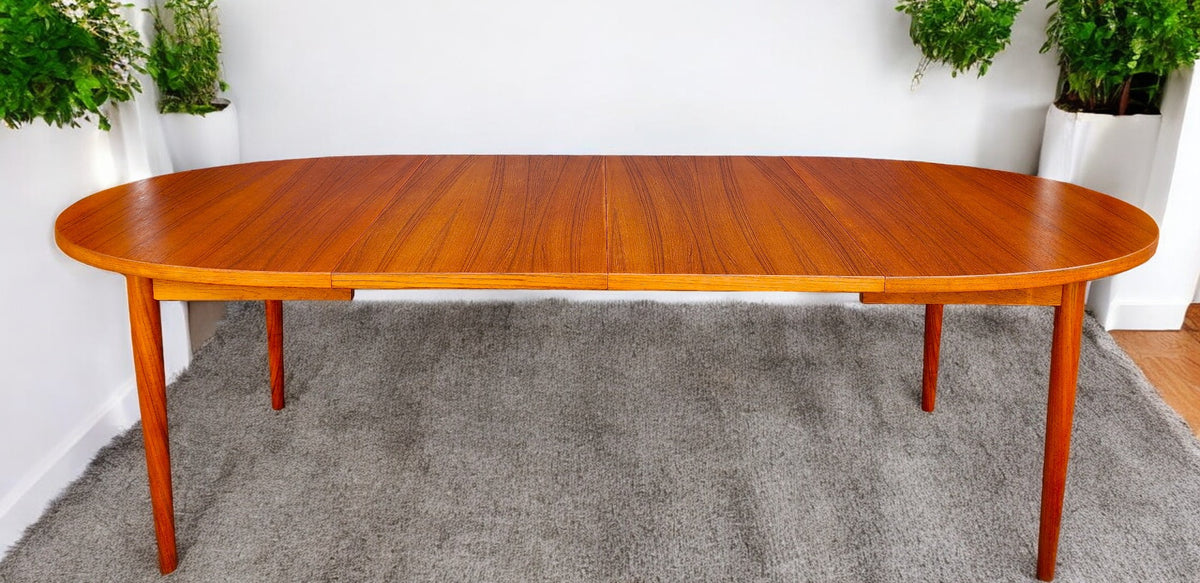 REFINISHED Mid Century Modern Teak Table Oval w 2 leaves 59