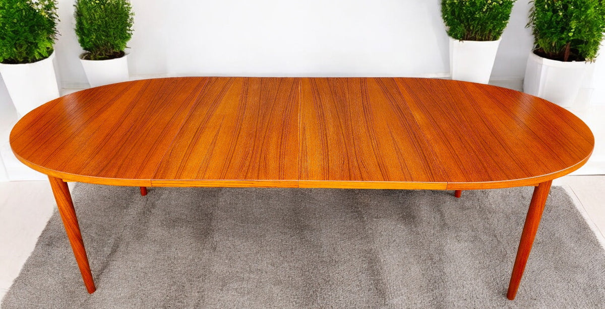 REFINISHED Mid Century Modern Teak Table Oval w 2 leaves 59
