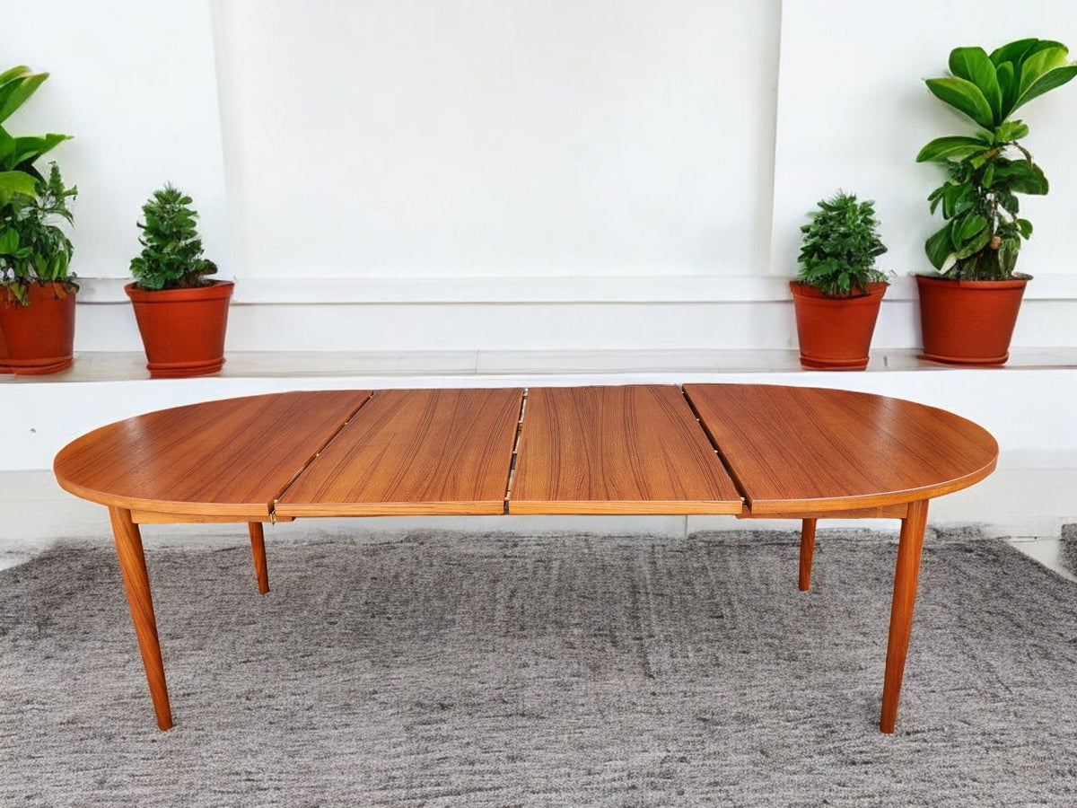 REFINISHED Mid Century Modern Teak Table Oval w 2 leaves 59