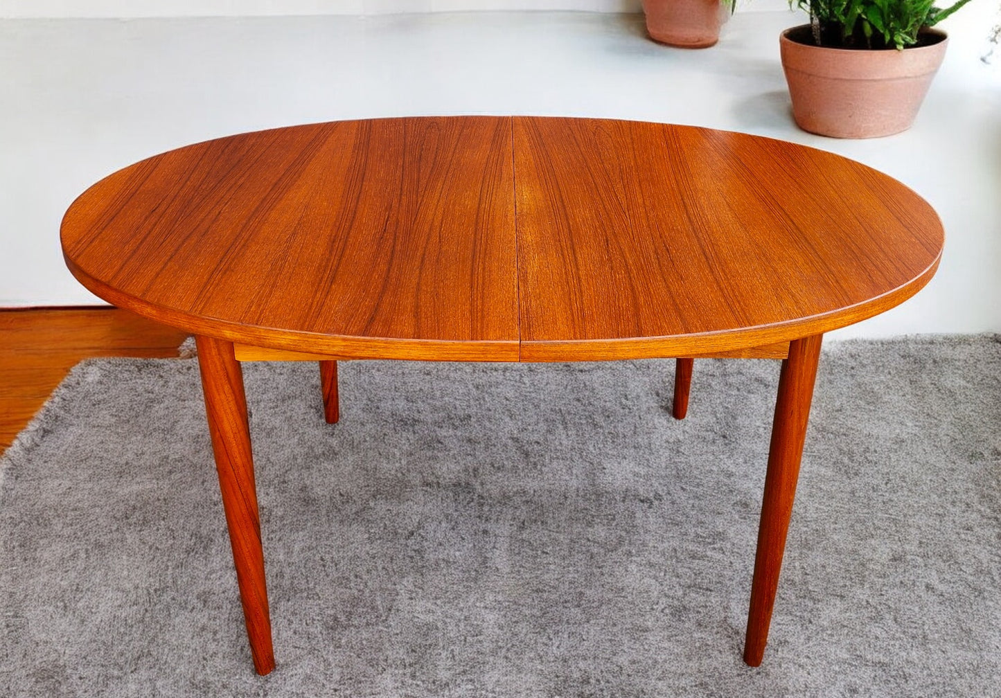 REFINISHED Mid Century Modern Teak Table Oval w 2 leaves 59"-101"