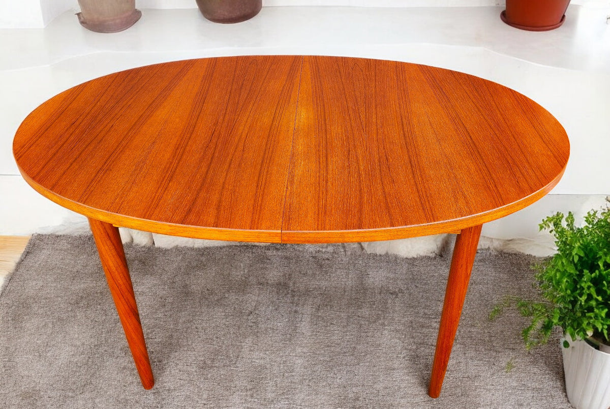 REFINISHED Mid Century Modern Teak Table Oval w 2 leaves 59