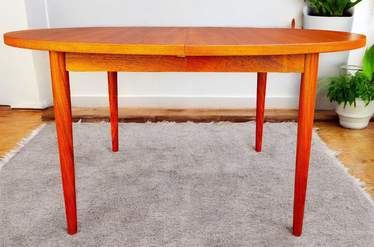 REFINISHED Mid Century Modern Teak Table Oval w 2 leaves 59