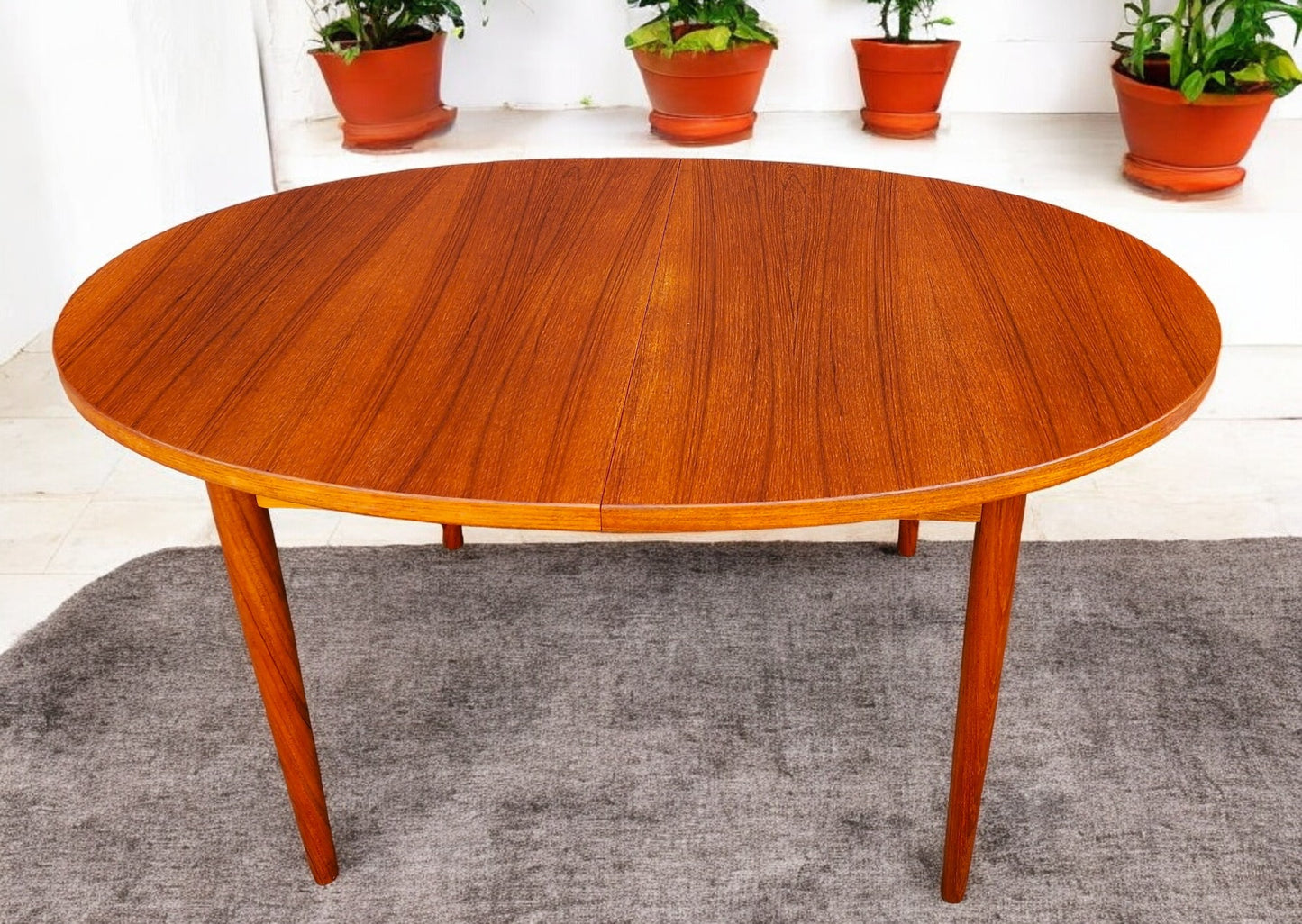 REFINISHED Mid Century Modern Teak Table Oval w 2 leaves 59"-101"