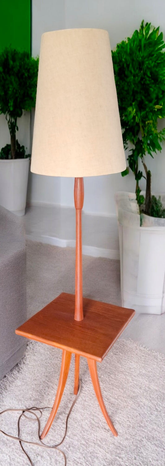 REFINISHED Mid Century Modern Teak Tripod Floor Lamp with Built-In Table