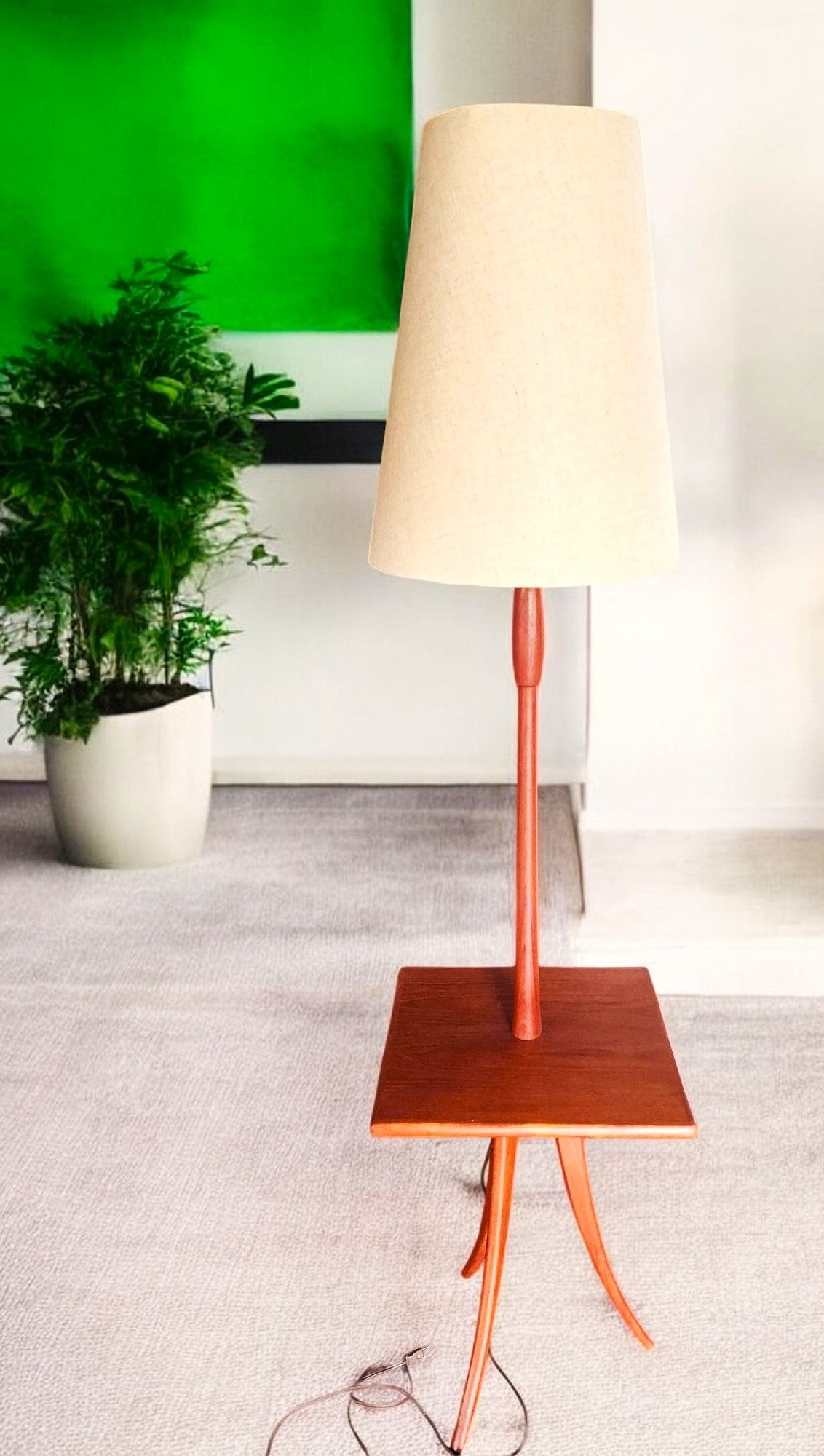 REFINISHED Mid Century Modern Teak Tripod Floor Lamp with Built-In Table