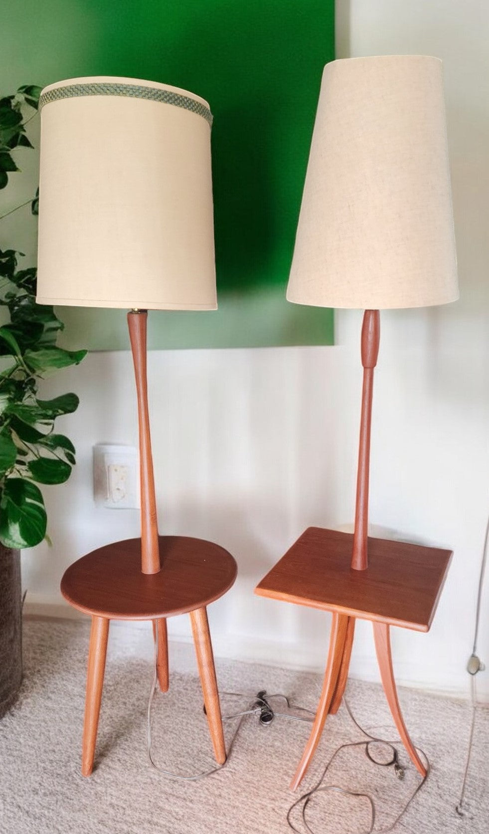 REFINISHED Mid Century Modern Teak Tripod Floor Lamp with Built-In Table