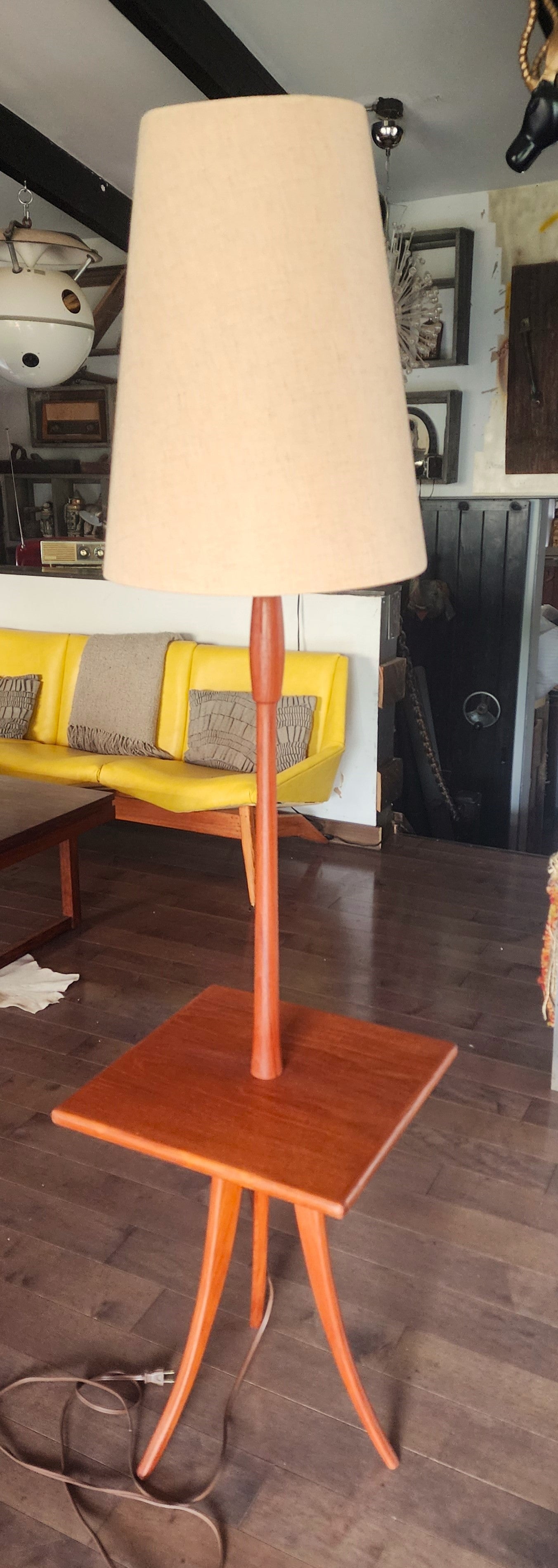 REFINISHED Mid Century Modern Teak Tripod Floor Lamp with Built-In Table