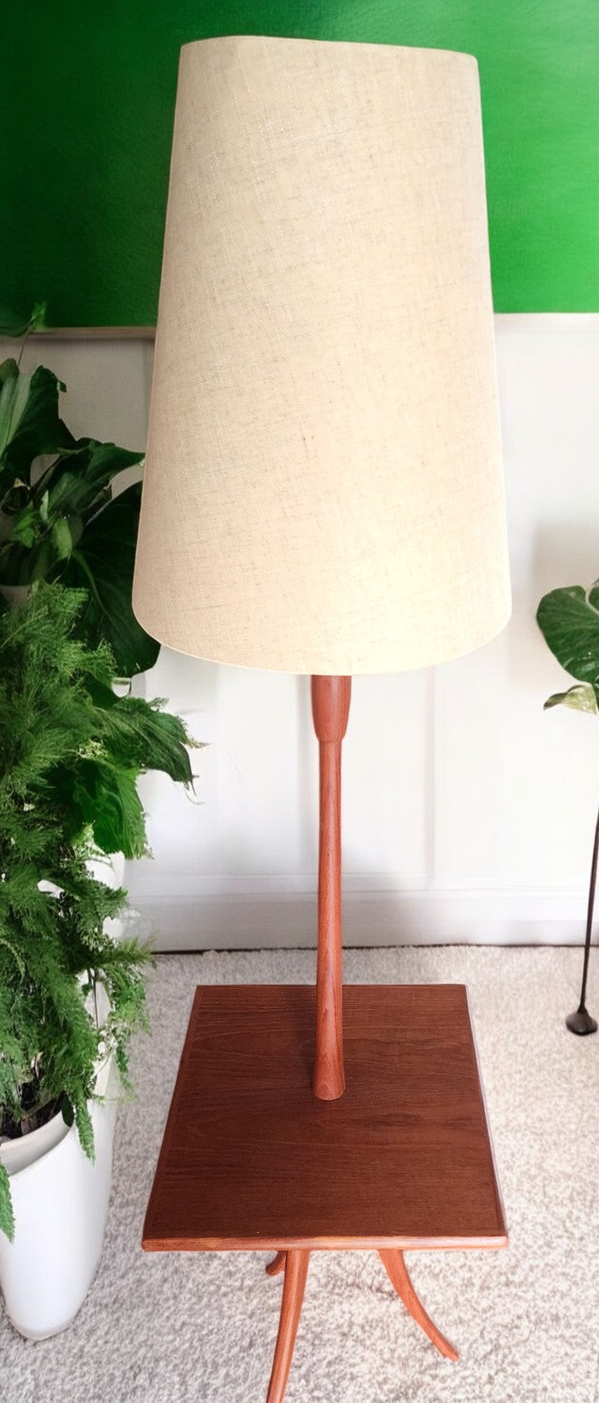 REFINISHED Mid Century Modern Teak Tripod Floor Lamp with Built-In Table