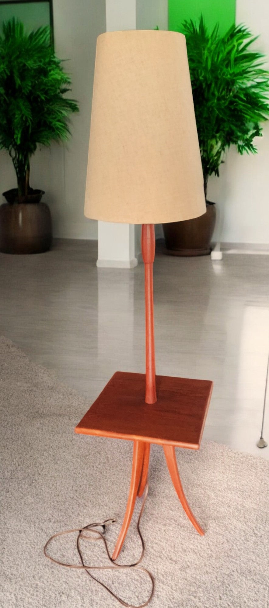 REFINISHED Mid Century Modern Teak Tripod Floor Lamp with Built-In Table