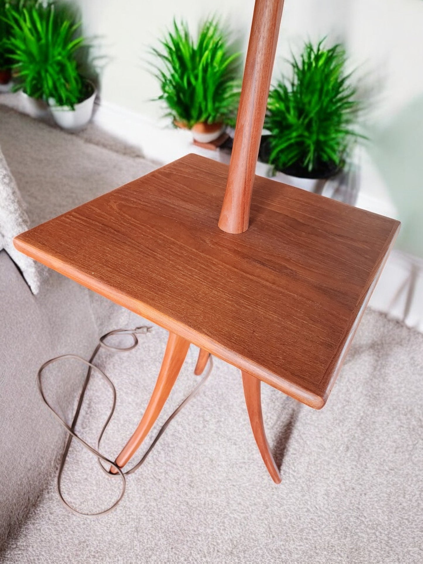 REFINISHED Mid Century Modern Teak Tripod Floor Lamp with Built-In Table