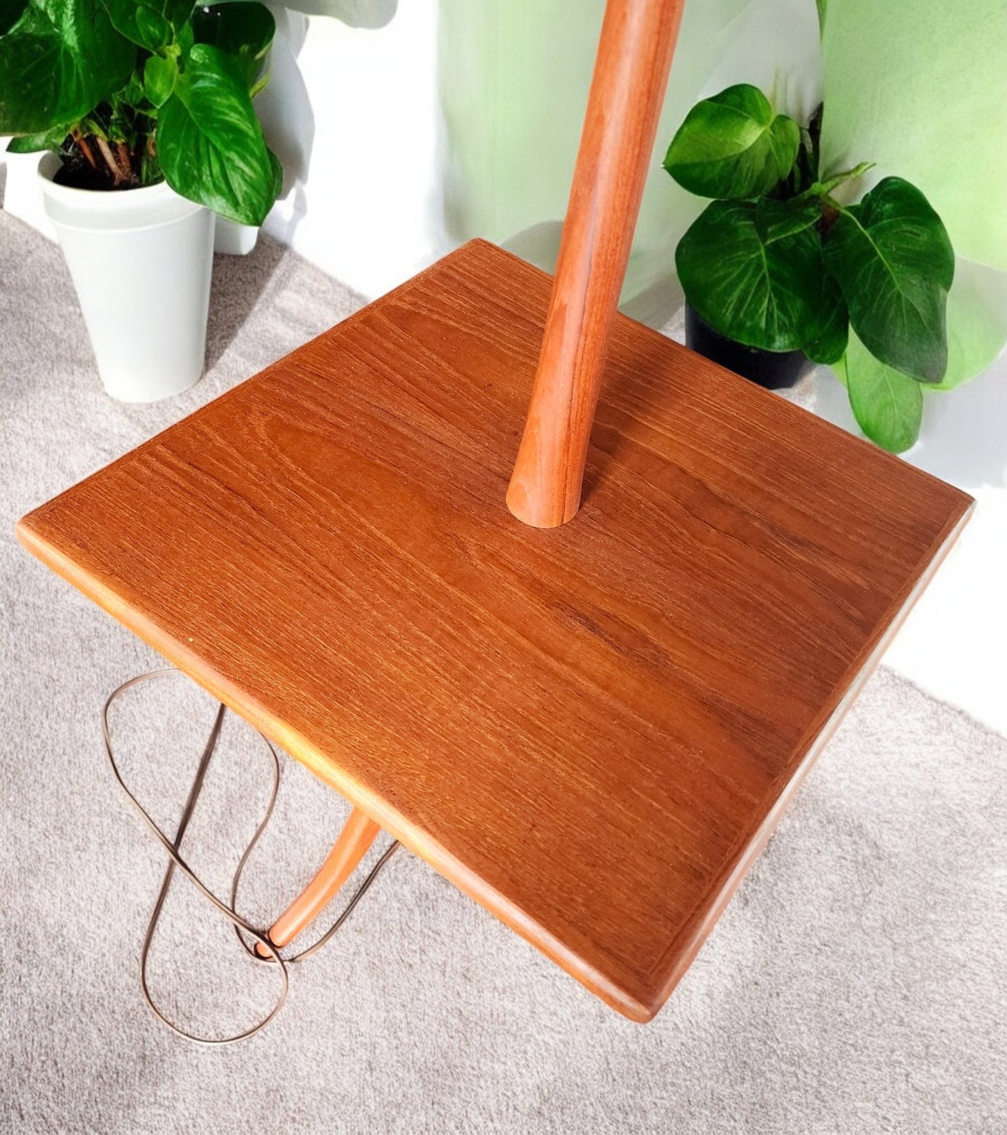 REFINISHED Mid Century Modern Teak Tripod Floor Lamp with Built-In Table