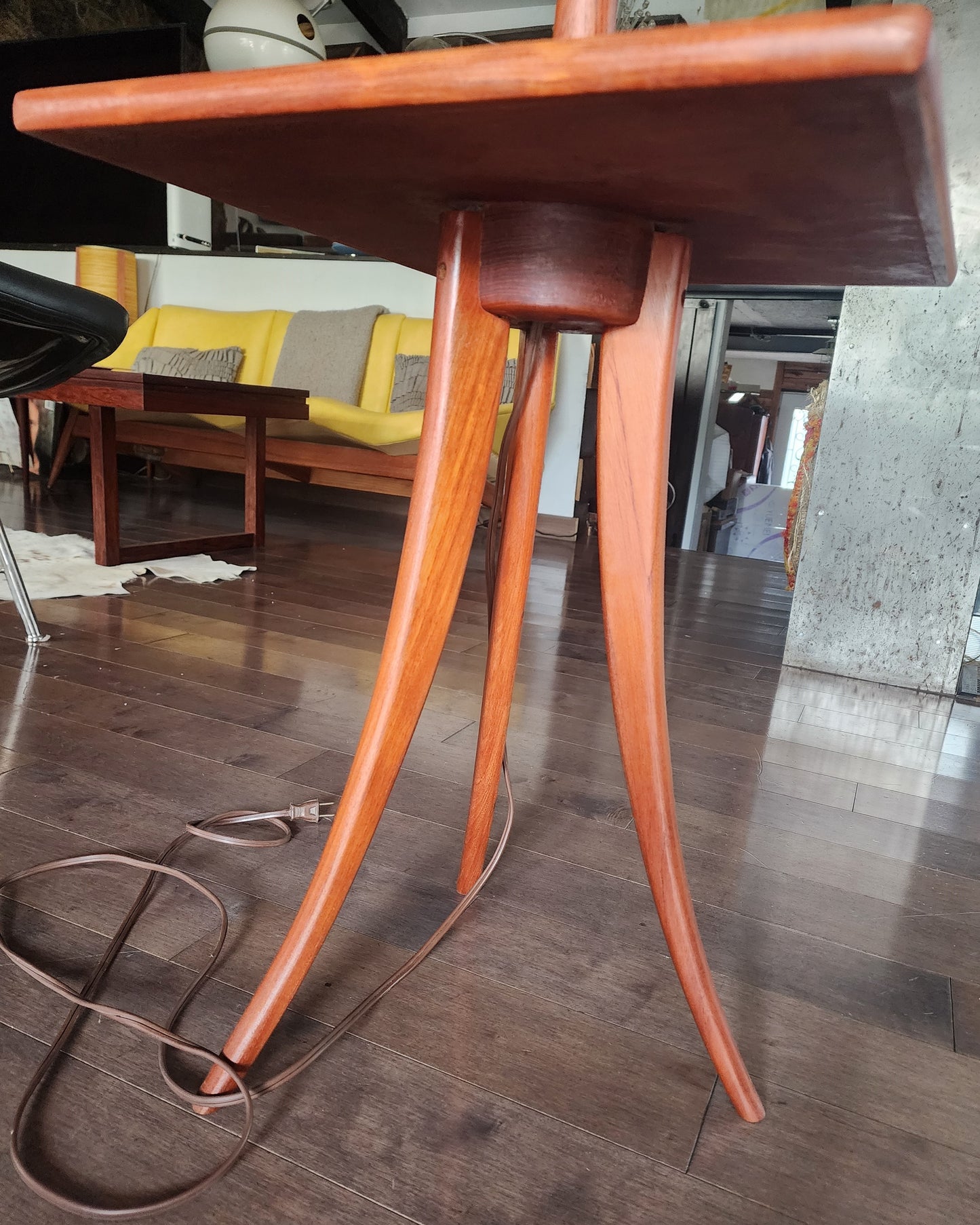 REFINISHED Mid Century Modern Teak Tripod Floor Lamp with Built-In Table