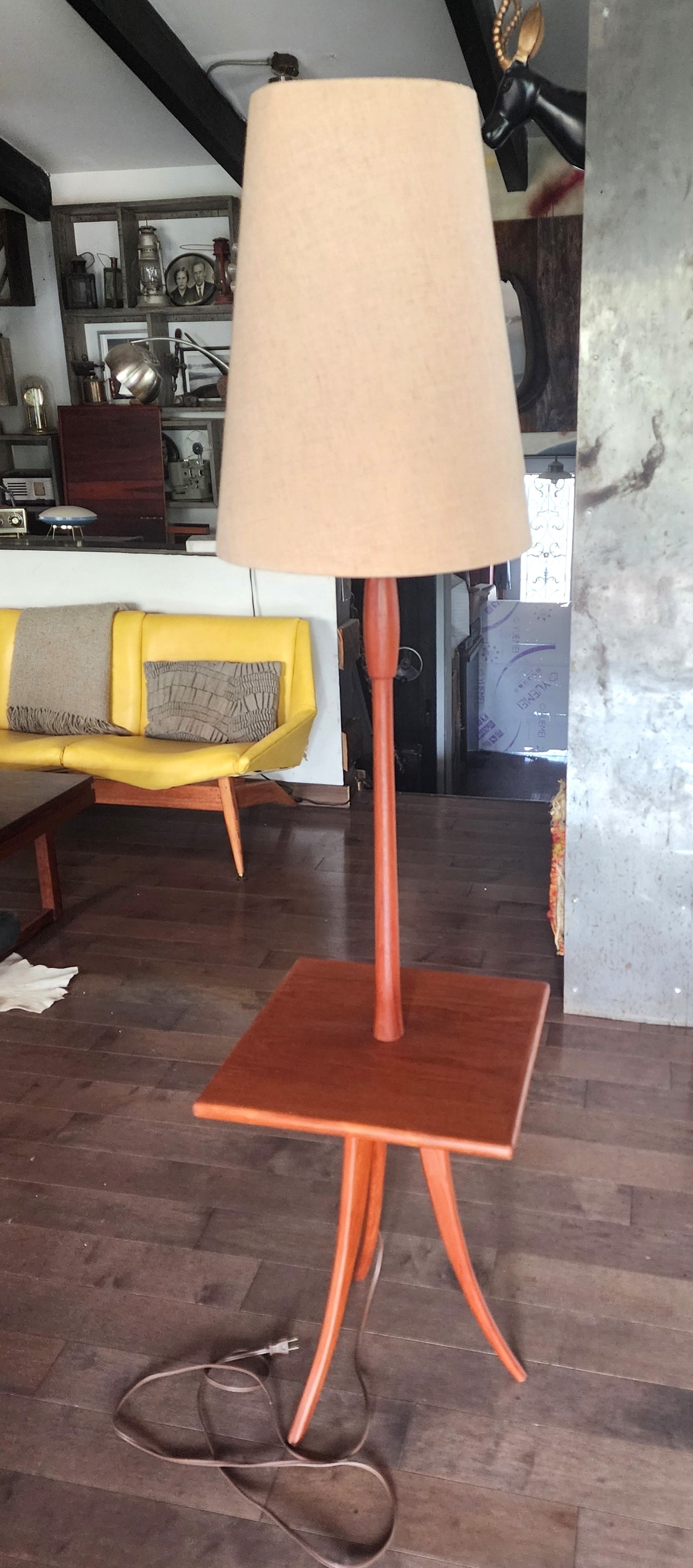 REFINISHED Mid Century Modern Teak Tripod Floor Lamp with Built-In Table