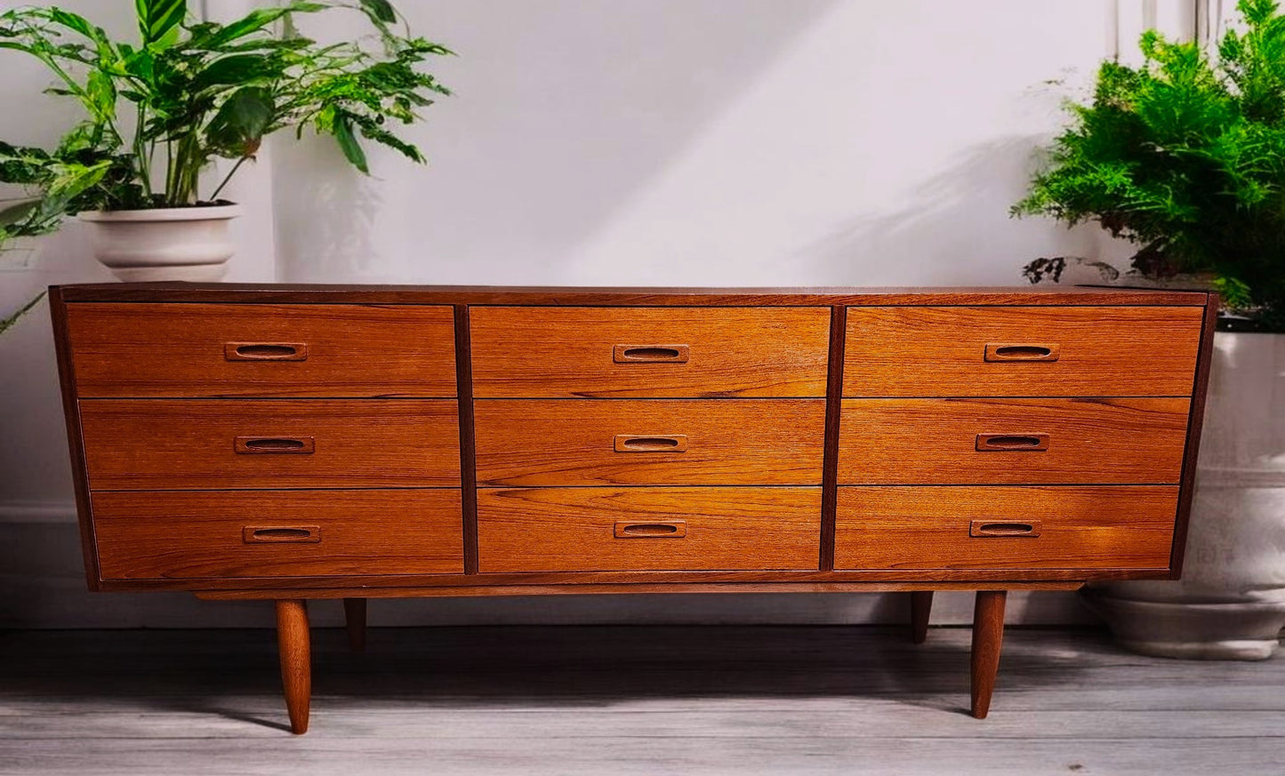 REFINISHED Mid Century Modern Teak Dresser 9 Drawers, Narrow