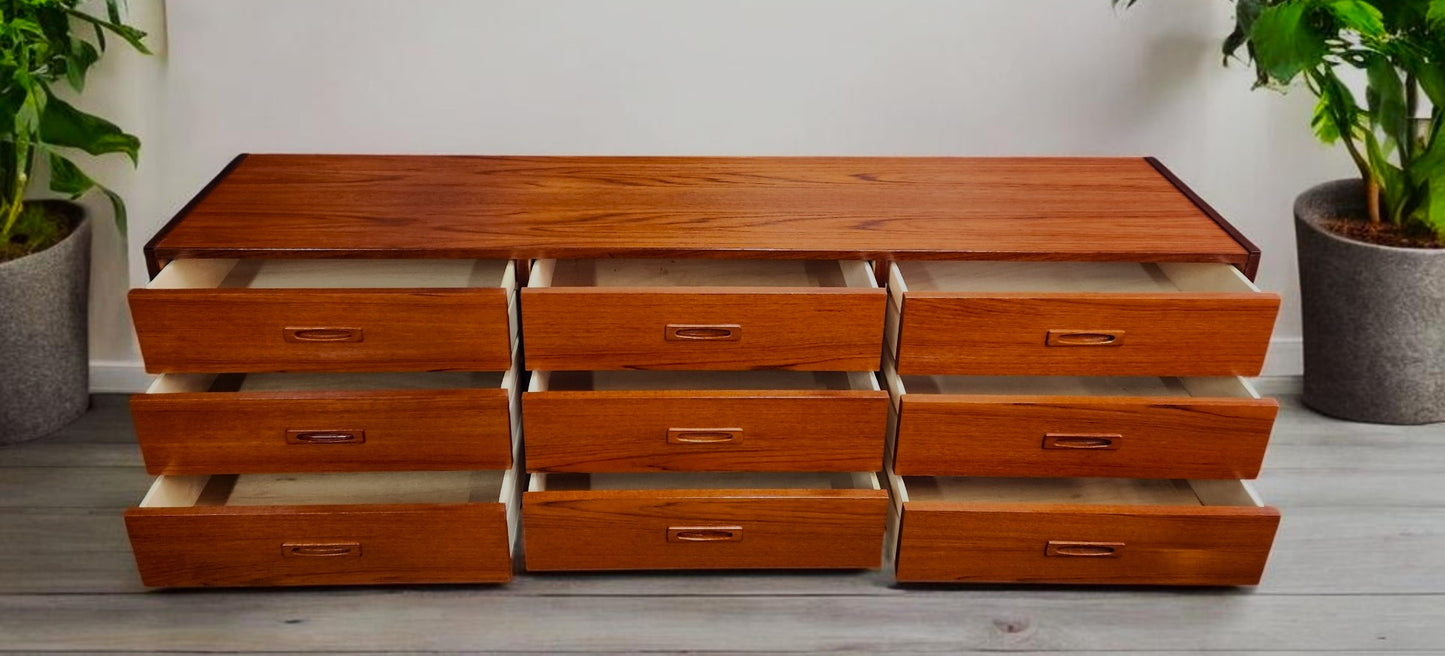 REFINISHED Mid Century Modern Teak Dresser 9 Drawers, Narrow