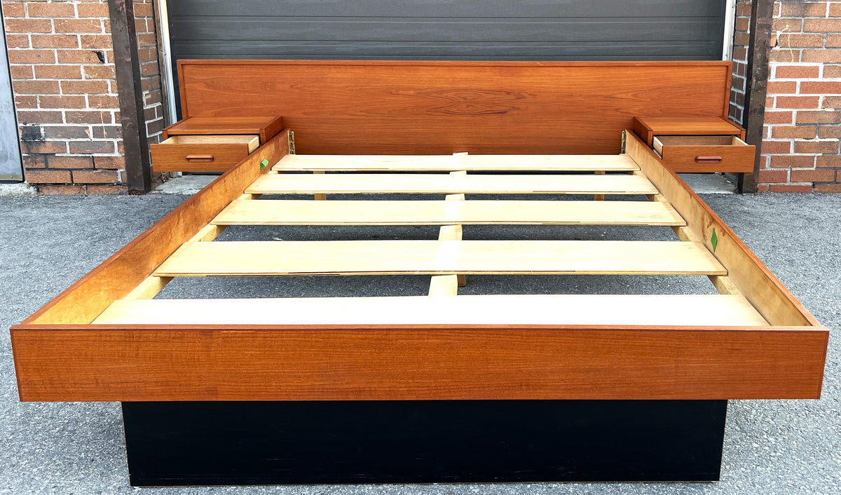REFINISHED Mid Century Modern Teak Queen Bed w Nightstands & Headboard