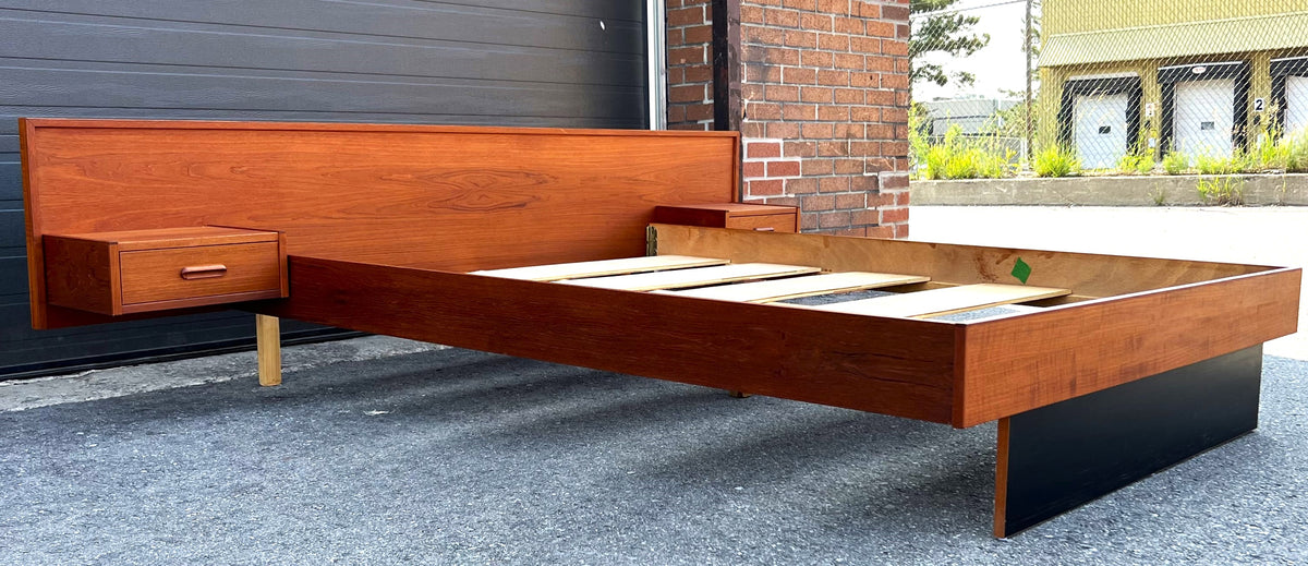 REFINISHED Mid Century Modern Teak Queen Bed w Nightstands & Headboard