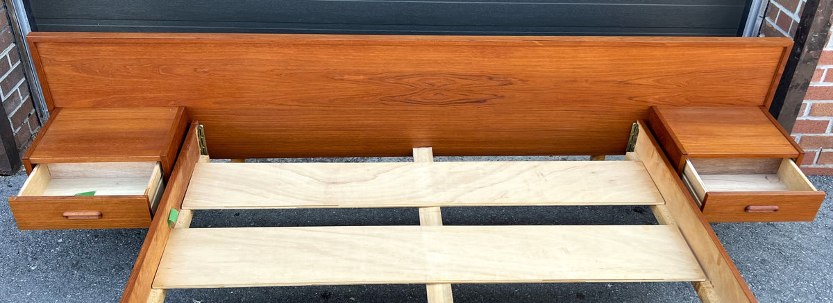 REFINISHED Mid Century Modern Teak Queen Bed w Nightstands & Headboard