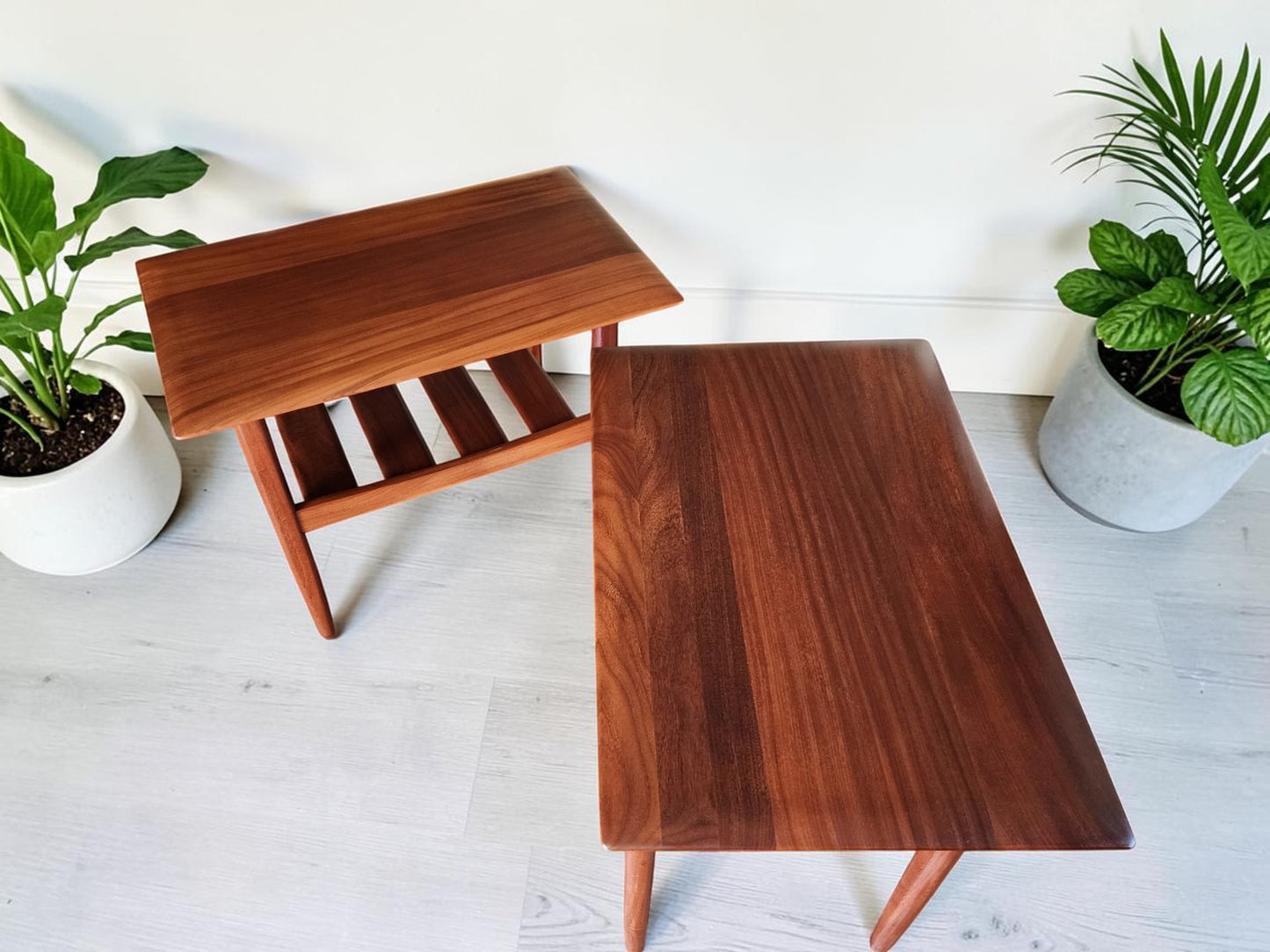 2 REFINISHED MCM SOLID Teak Accent Tables with Shelves by Imperial