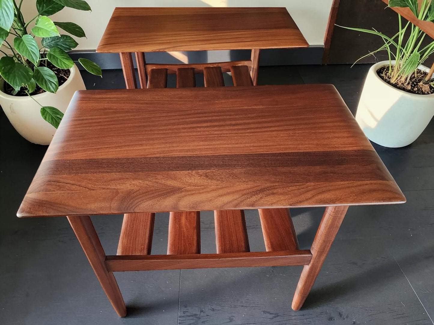 2 REFINISHED MCM SOLID Teak Accent Tables with Shelves by Imperial