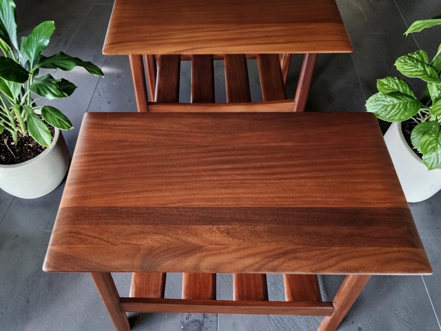 2 REFINISHED MCM SOLID Teak Accent Tables with Shelves by Imperial