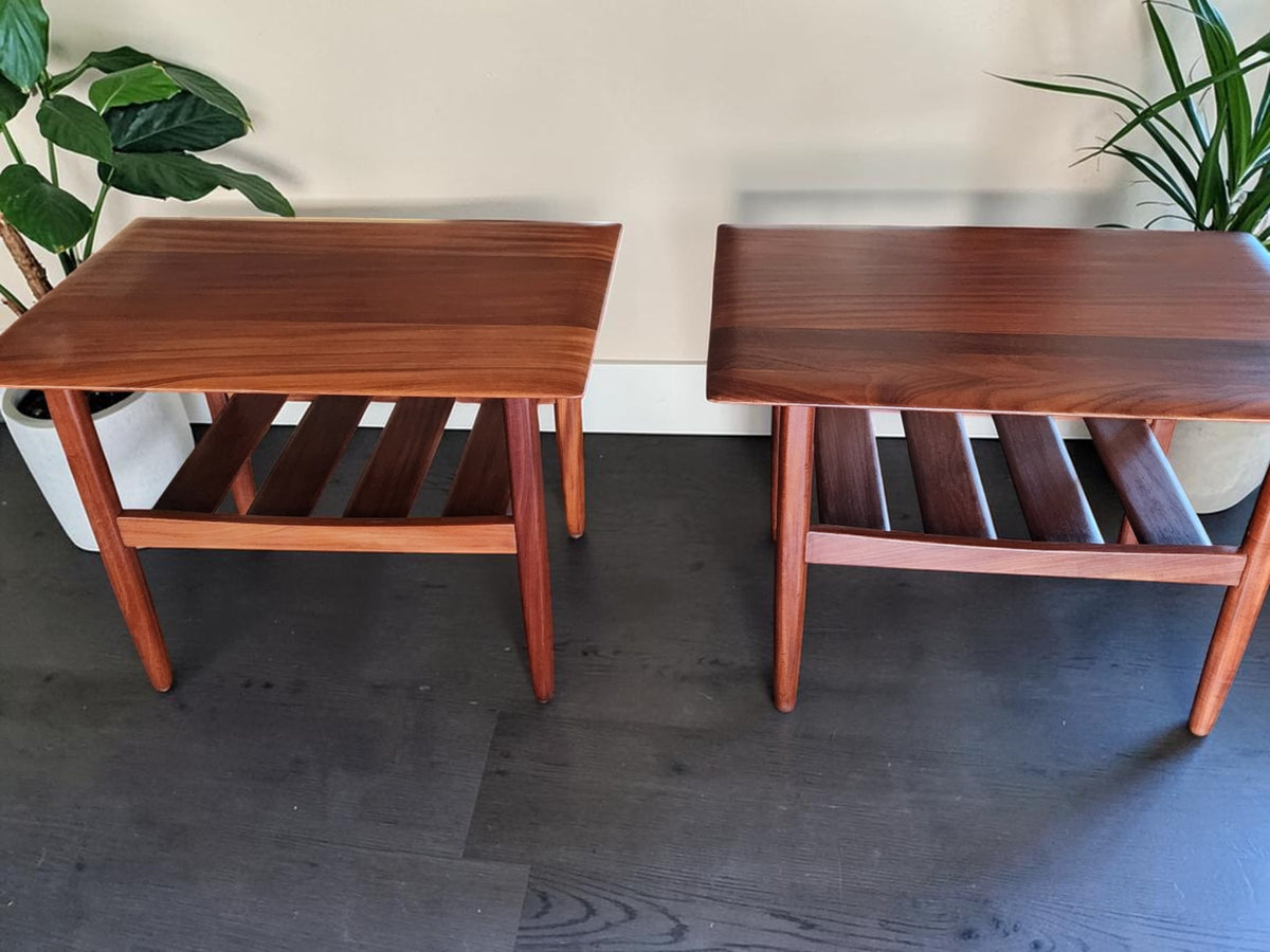 2 REFINISHED MCM SOLID Teak Accent Tables with Shelves by Imperial