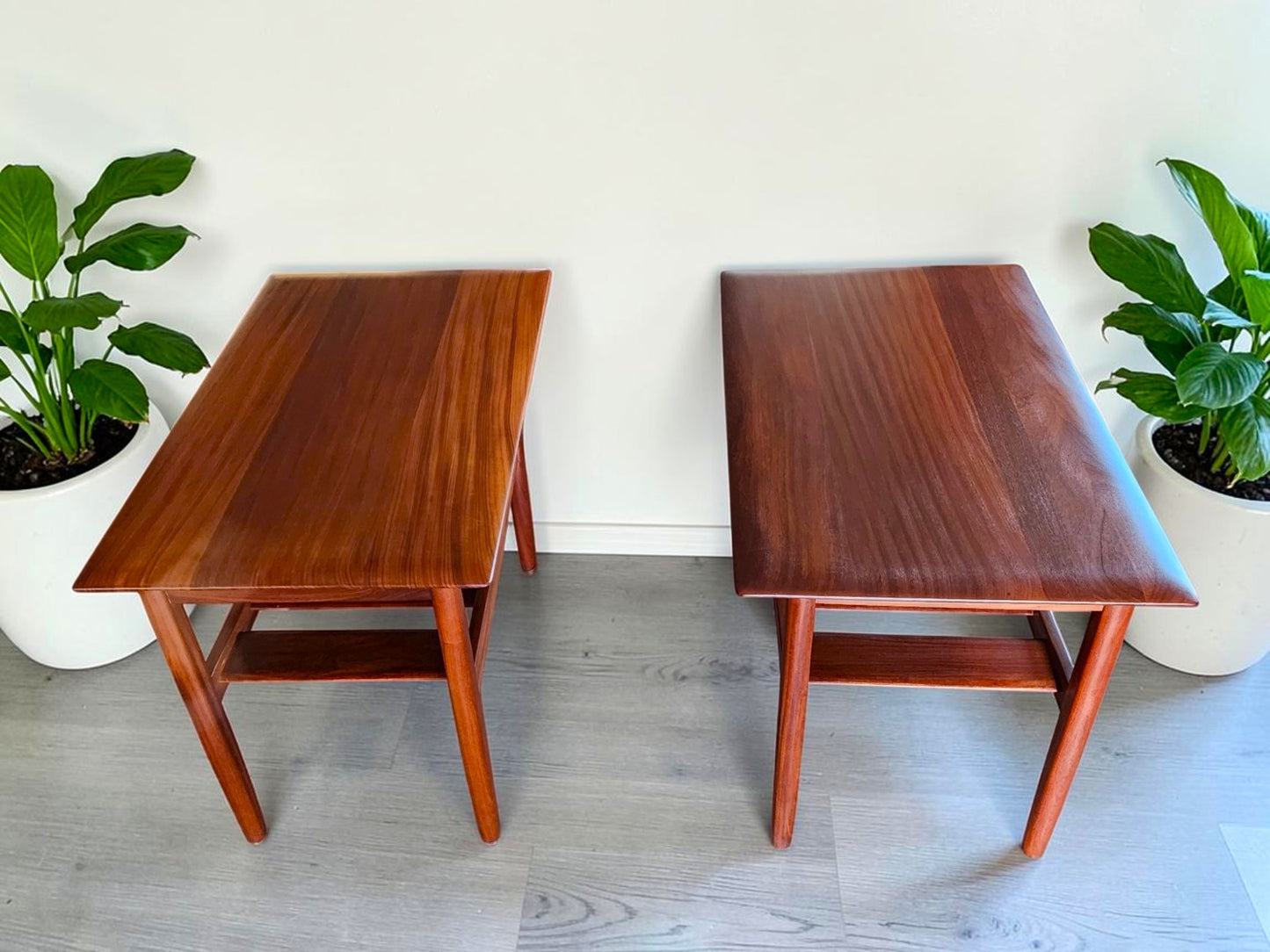 2 REFINISHED MCM SOLID Teak Accent Tables with Shelves by Imperial