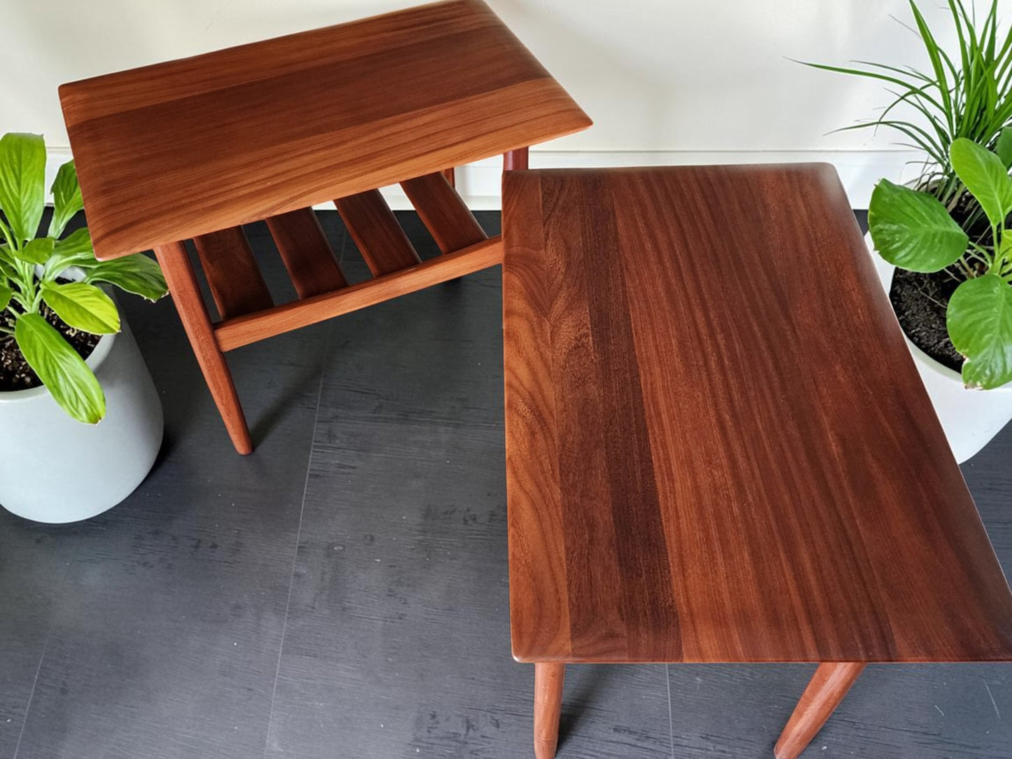 2 REFINISHED MCM SOLID Teak Accent Tables with Shelves by Imperial