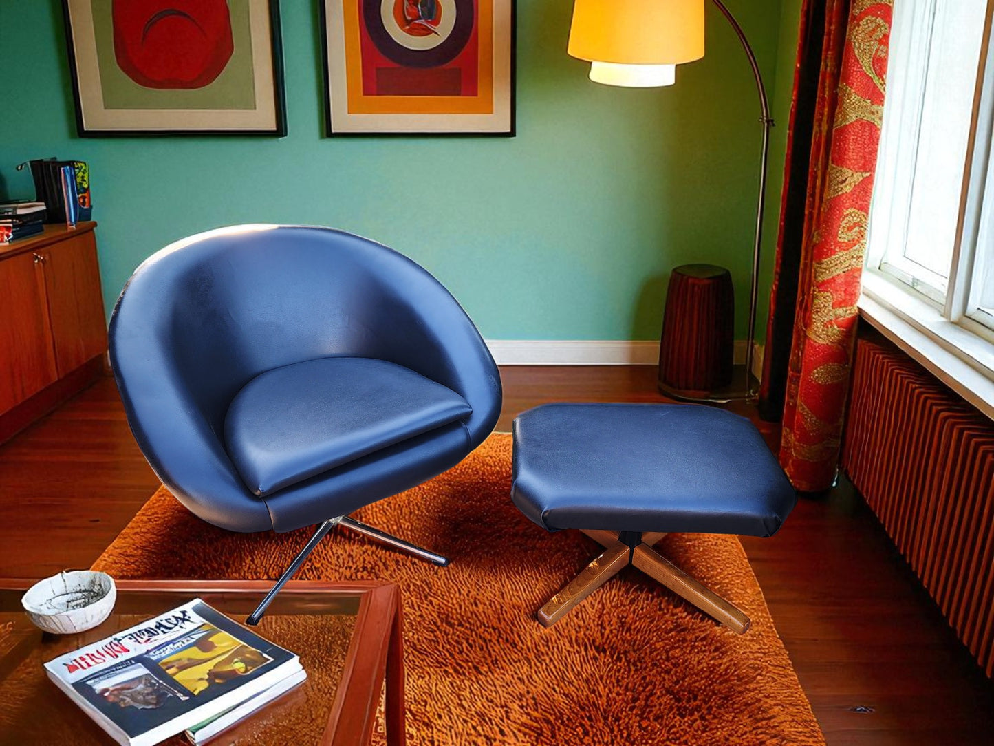 2 Mid Century Modern Pod Chairs by Overman with free Foot Stools