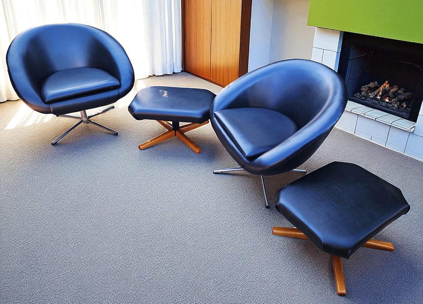 2 Mid Century Modern Pod Chairs by Overman with free Foot Stools
