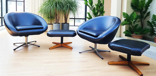2 Mid Century Modern Pod Chairs by Overman with free Foot Stools