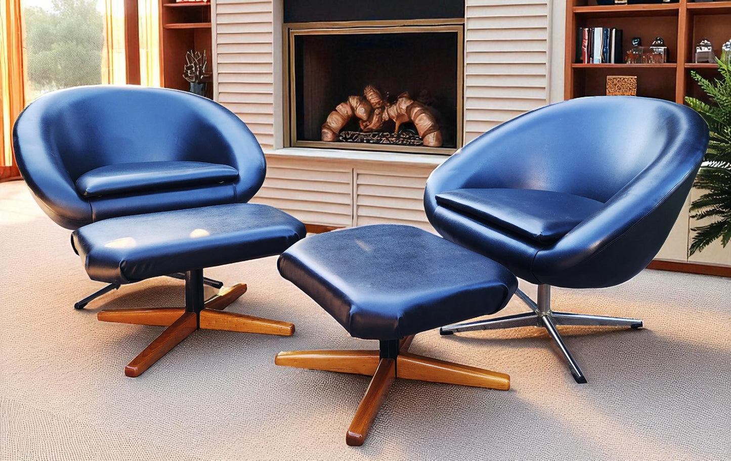 2 Mid Century Modern Pod Chairs by Overman with free Foot Stools