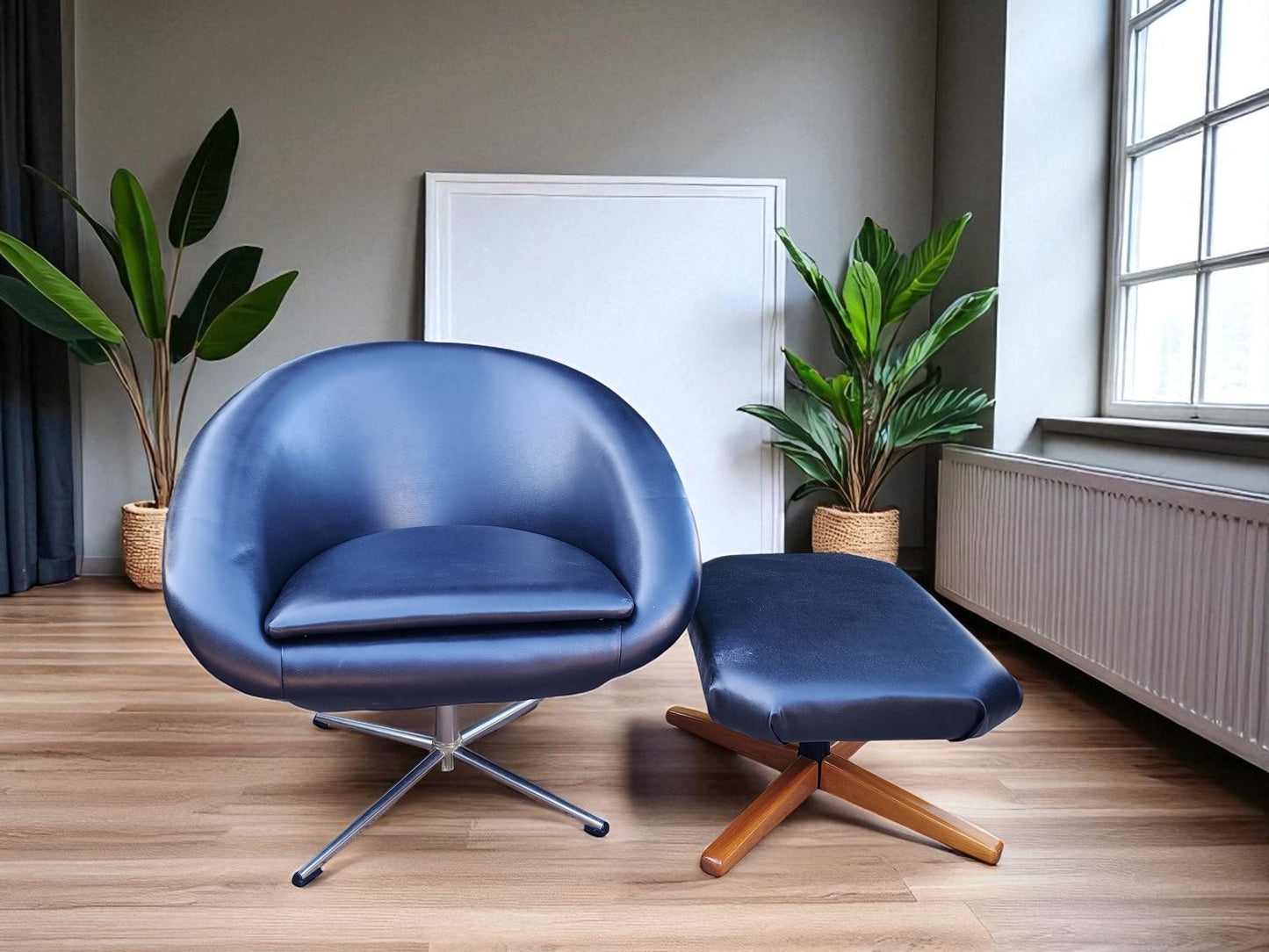2 Mid Century Modern Pod Chairs by Overman with free Foot Stools