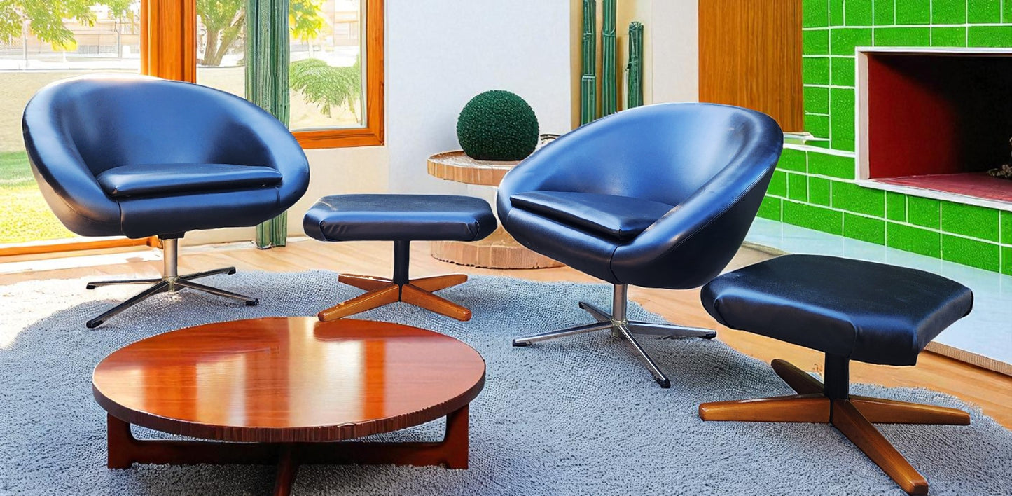2 Mid Century Modern Pod Chairs by Overman with free Foot Stools