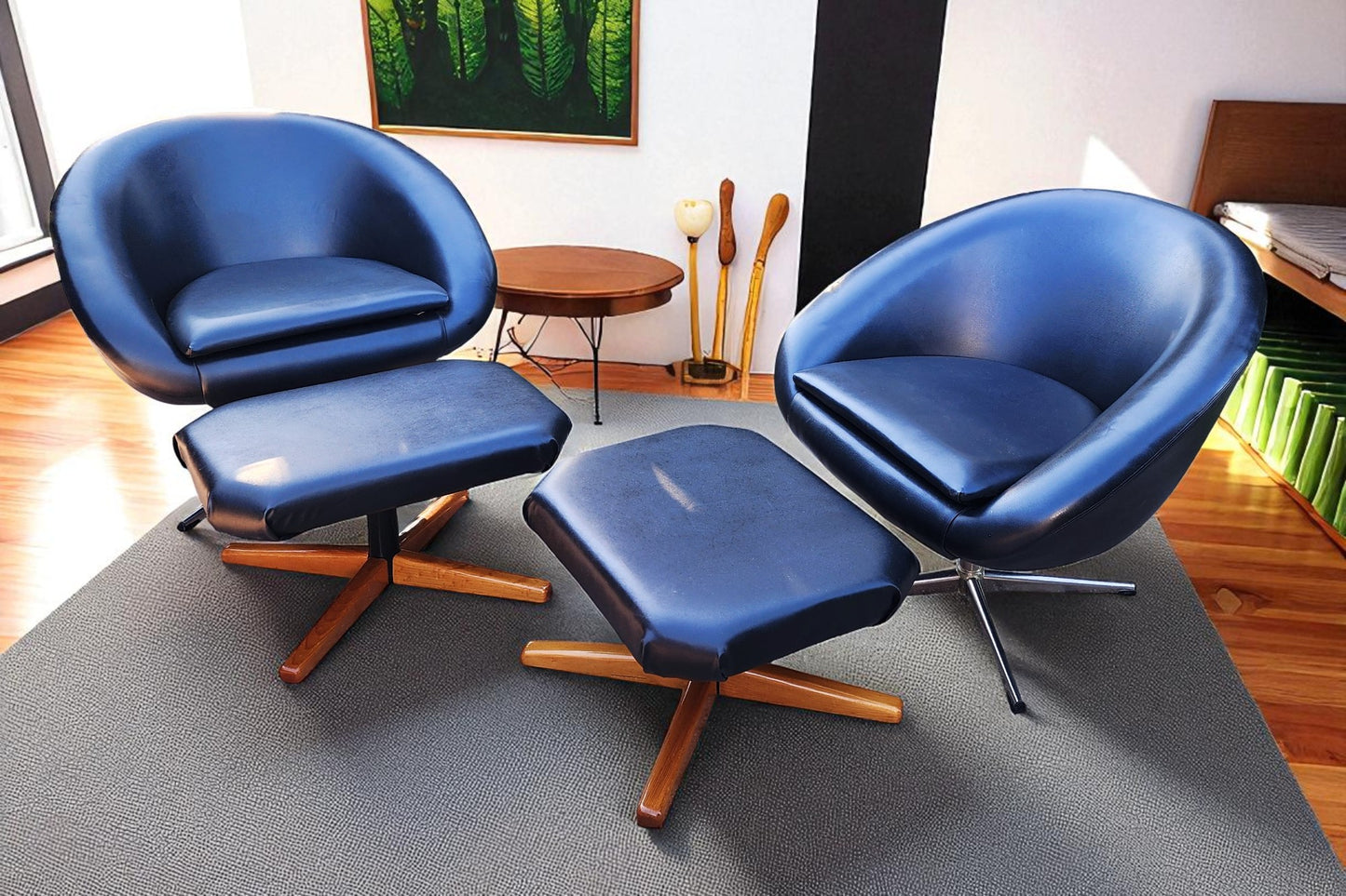 2 Mid Century Modern Pod Chairs by Overman with free Foot Stools