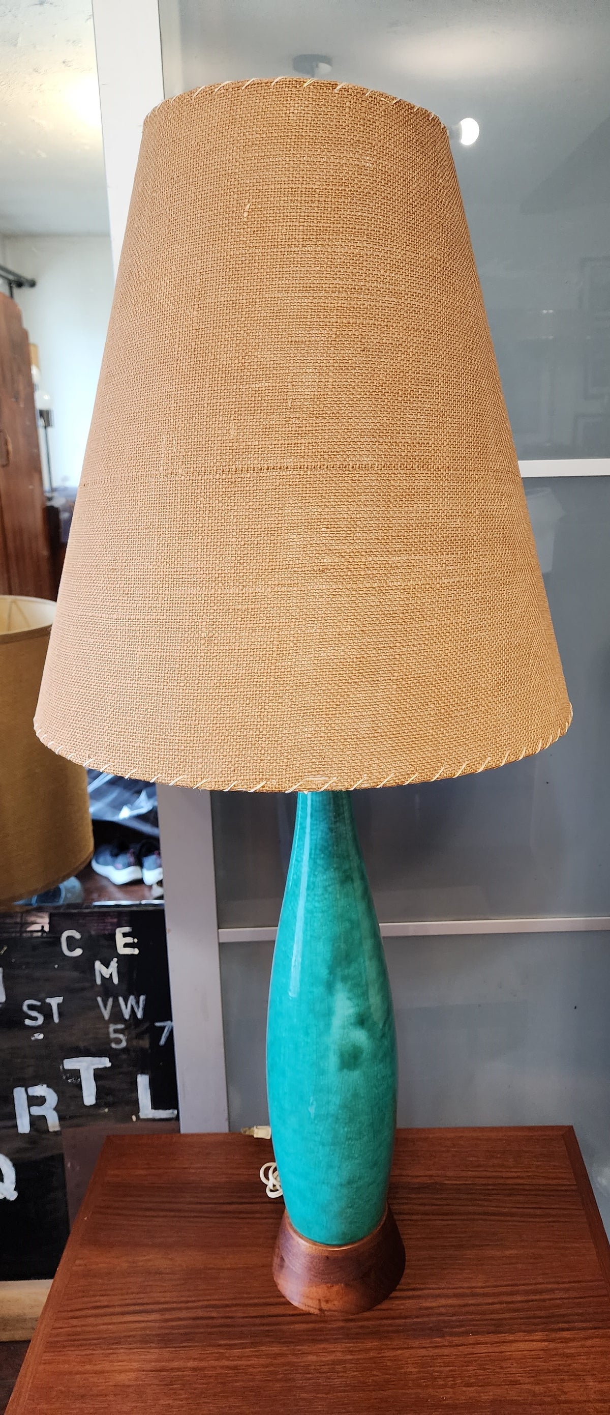 Mid Century Modern Green Teal Pottery & Teak Table Lamp 42.5