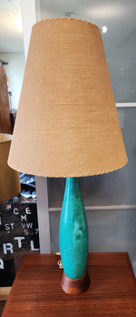 Mid Century Modern Green Teal Pottery & Teak Table Lamp 42.5