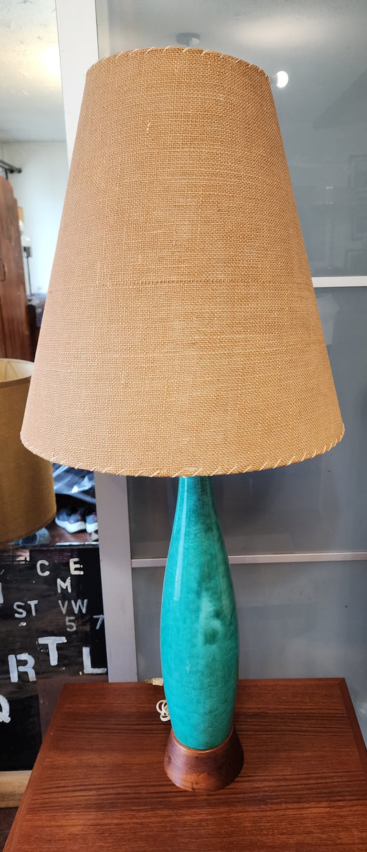 Mid Century Modern Green Teal Pottery & Teak Table Lamp 42.5"