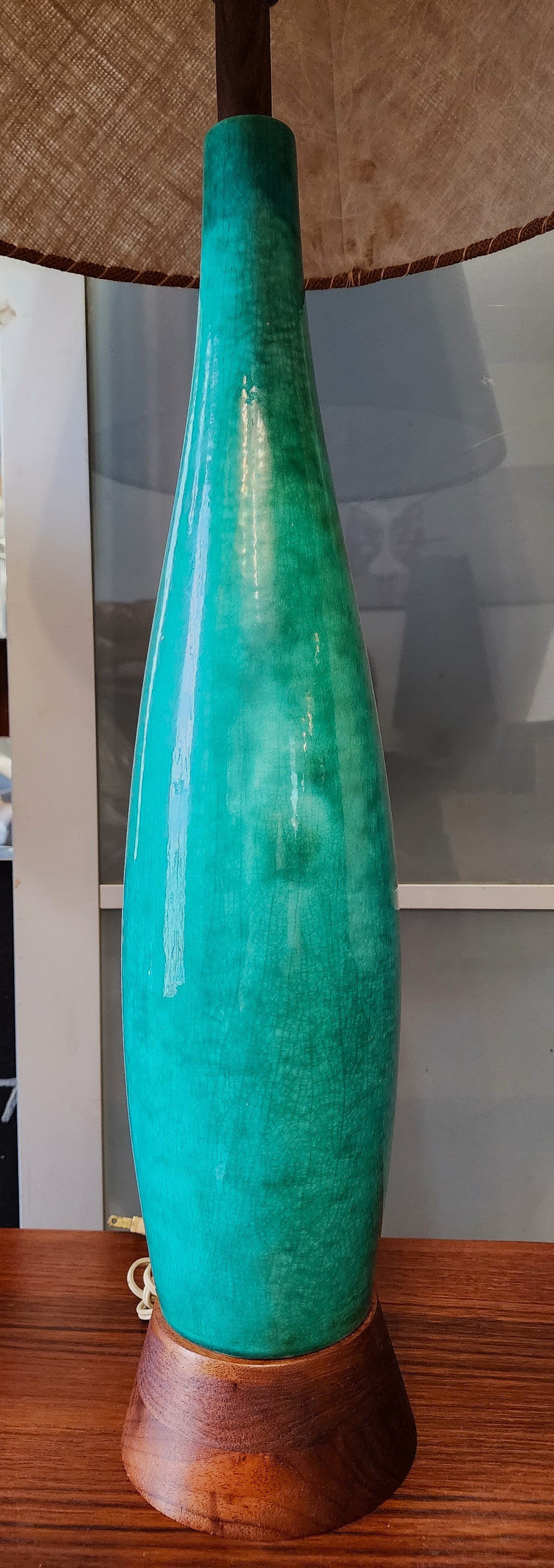 Mid Century Modern Green Teal Pottery & Teak Table Lamp 42.5